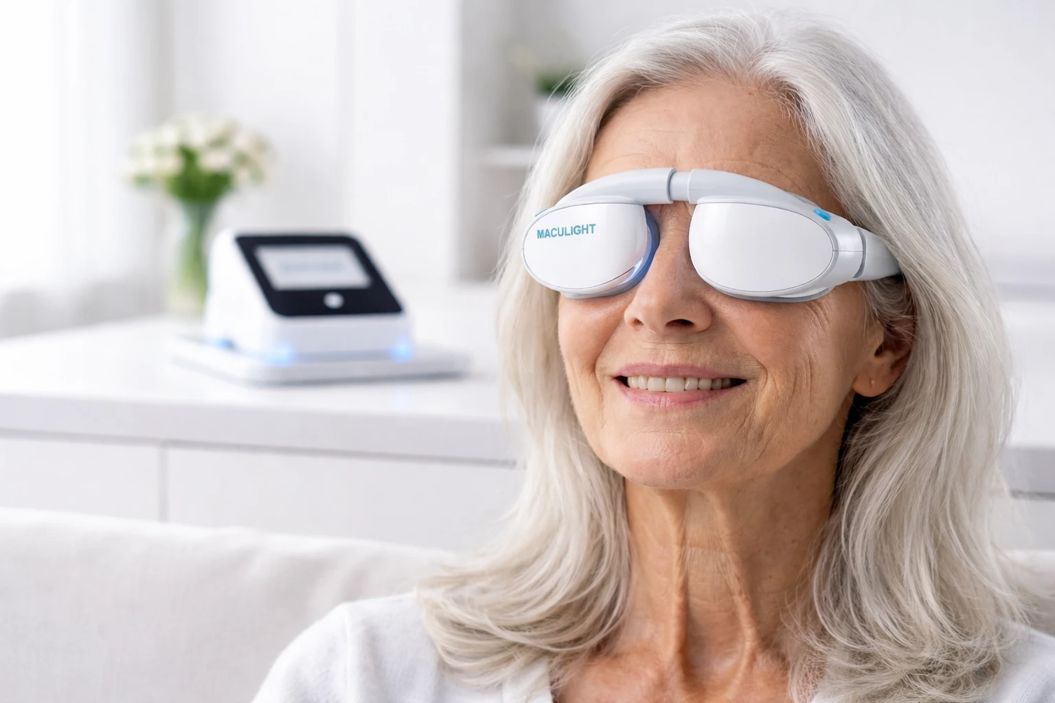 Patient wearing MACULIGHT glasses for photobiomodulation treatment of dry macular degeneration
