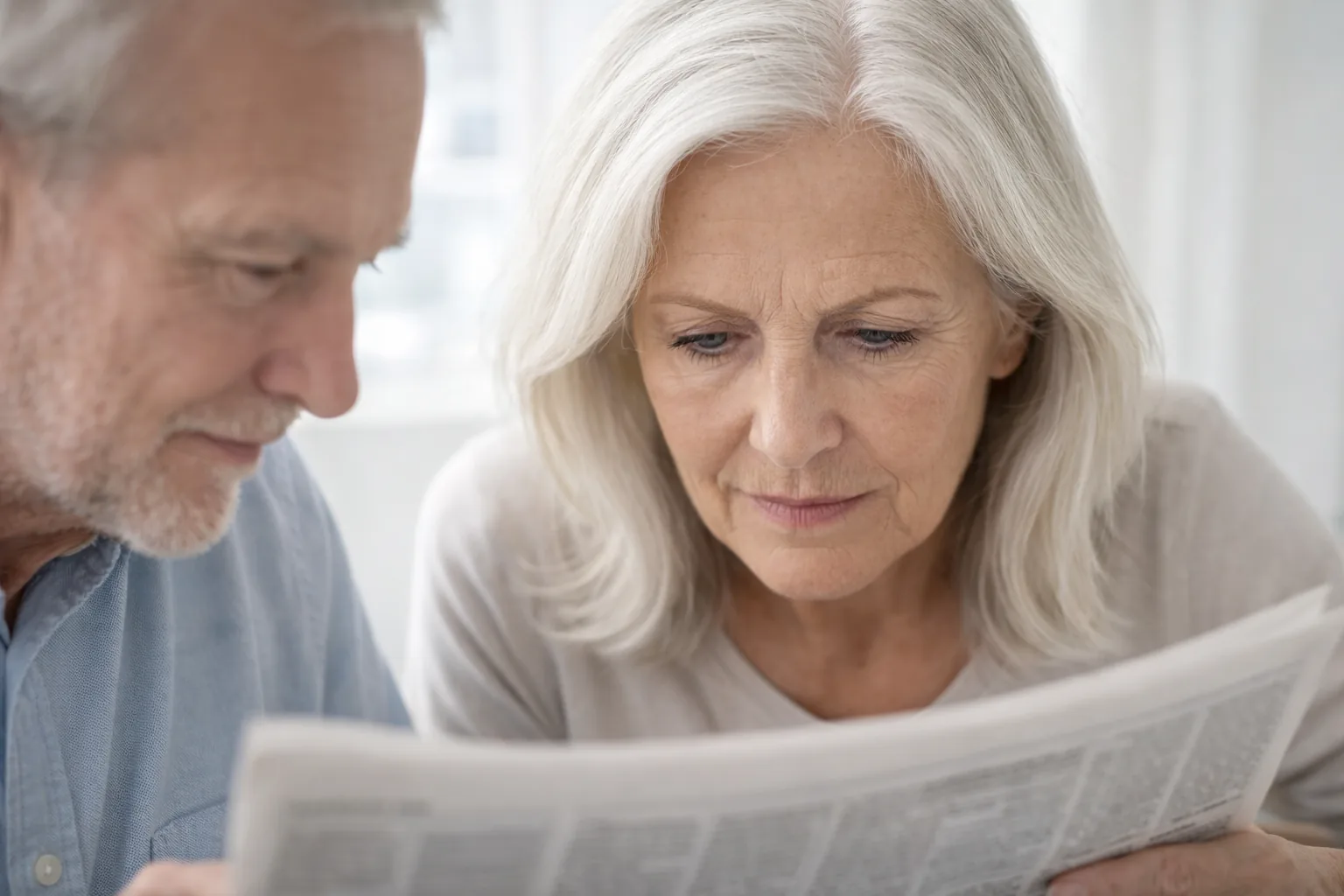 Älteres Paar liest gemeinsam Zeitung – typische AMD-Symptome wie verschwommenes Sehen und Leseschwierigkeiten erkennen