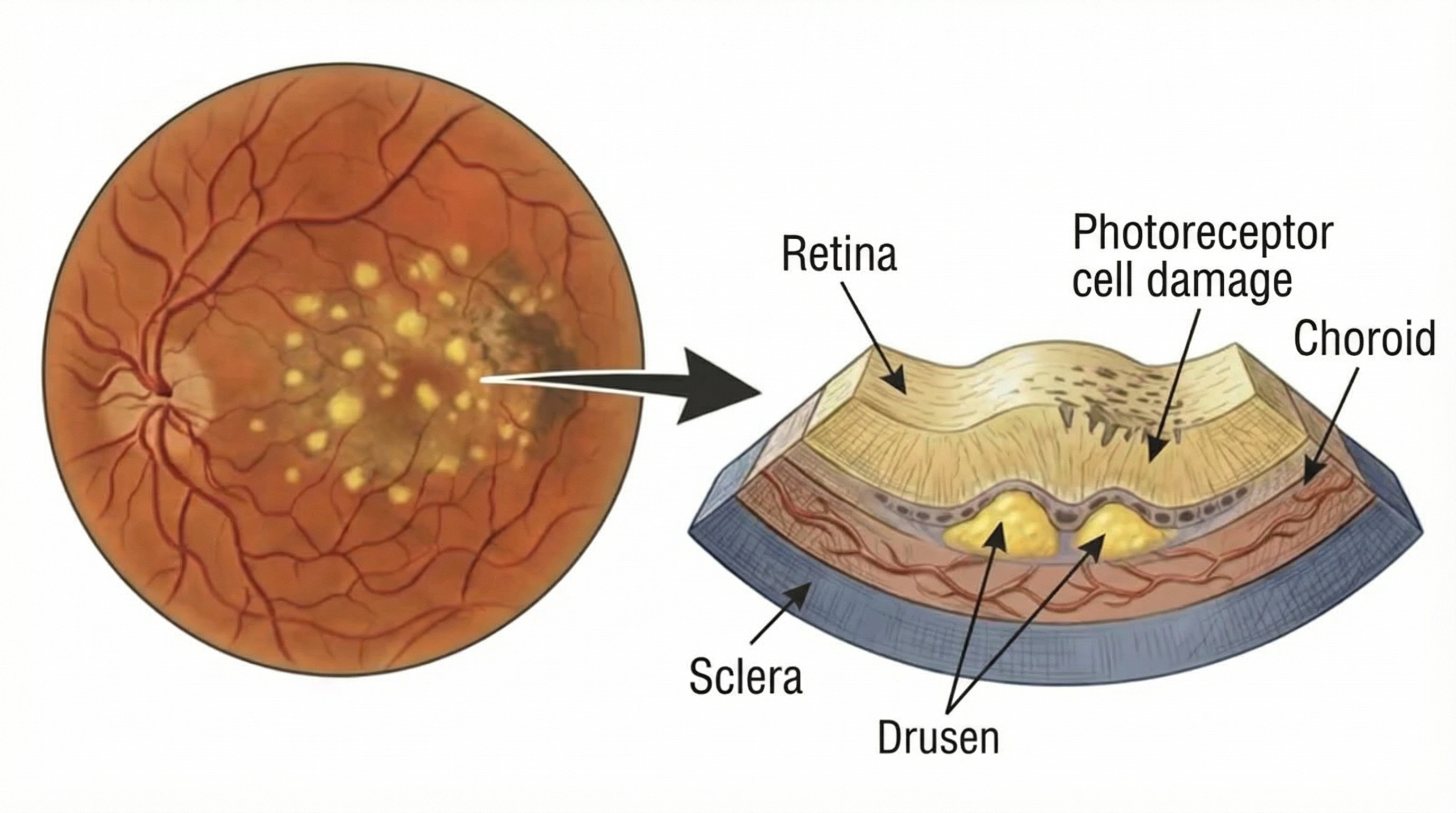 Schematic illustration of dry age-related macular degeneration: retina with drusen deposits in AMD
